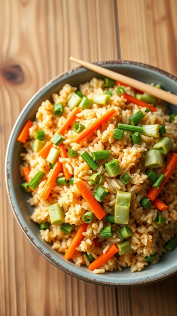 A bowl of vegetable cabbage fried rice with cabbage, carrots, and green onions garnished with sesame seeds, served with chopsticks.
